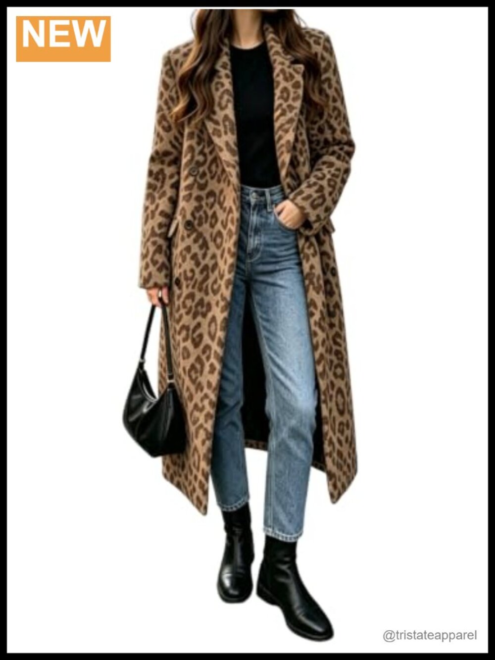 Women's Long Wool Blend Pea Coat Double Breasted Leopard Print Winter Warm